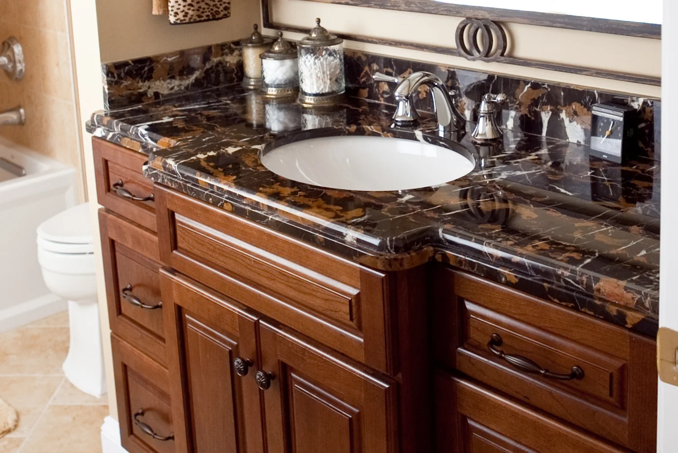 Seamless Two-Story Addition bathroom cabinetry and stone counter