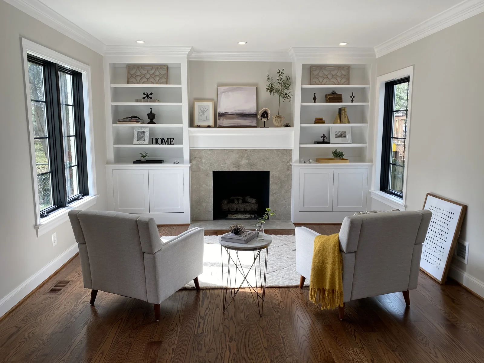 Three-Story Transformation built-ins and fireplace